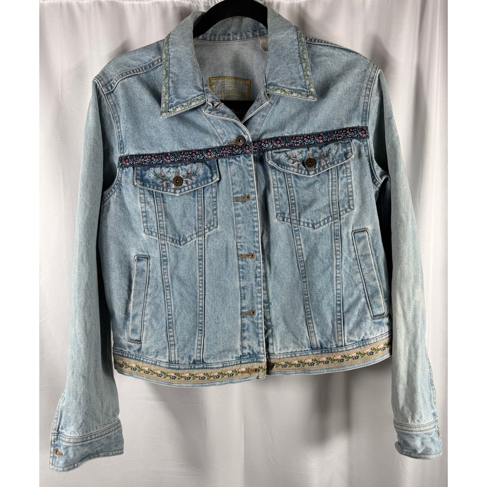 Liz Claiborne Petite S Blue Denim Jacket‎ Embroidered Floral Trim
